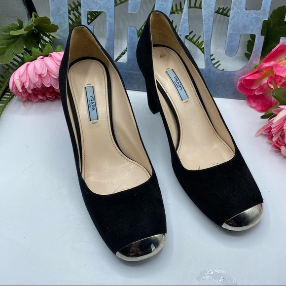 Prada Sz 10 1/2 Black Suede Captoe Silver Logo on Heel - Picture 3 of 10